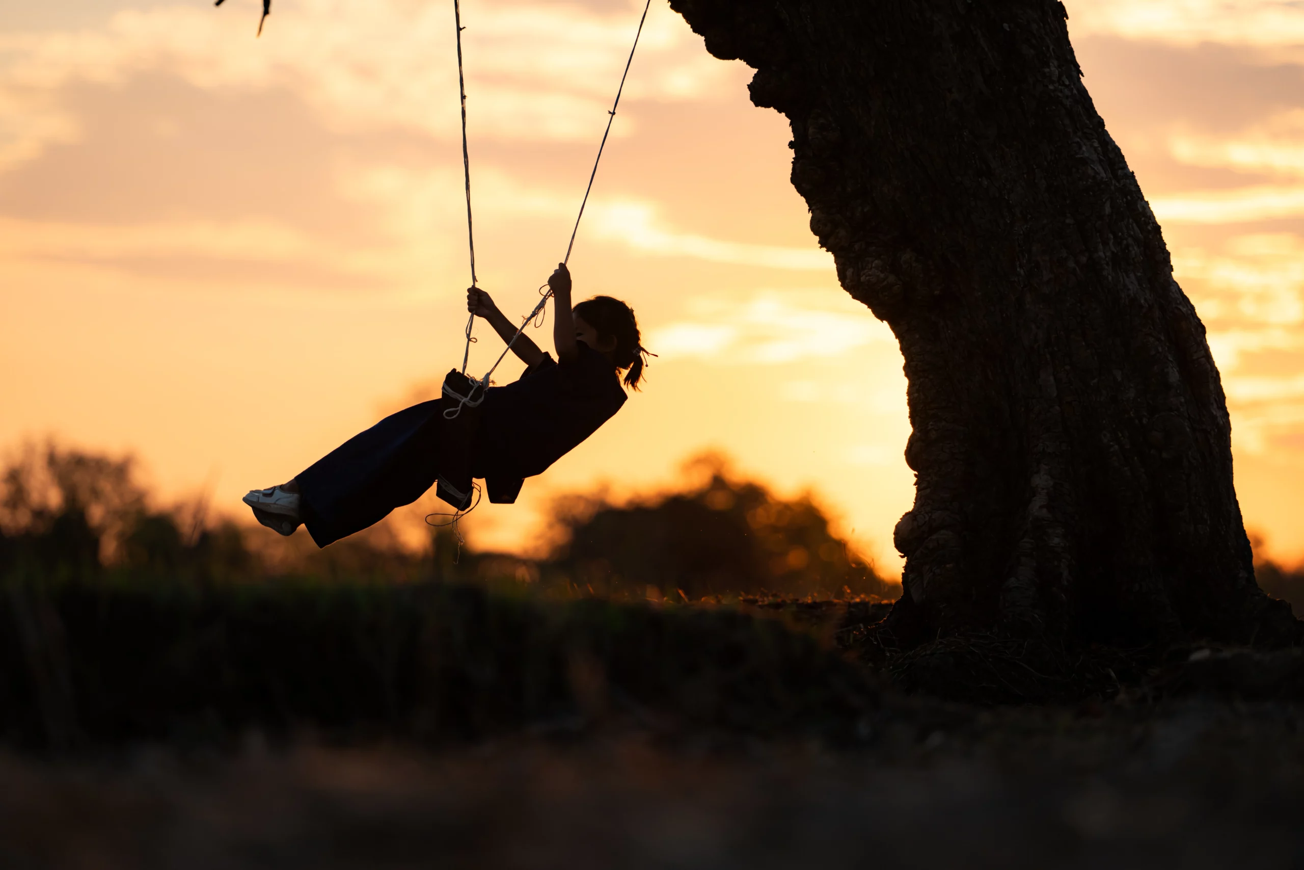 Silhouette of a child on a swing at sunset, symbolizing innocence and the need for legal protection in Indiana