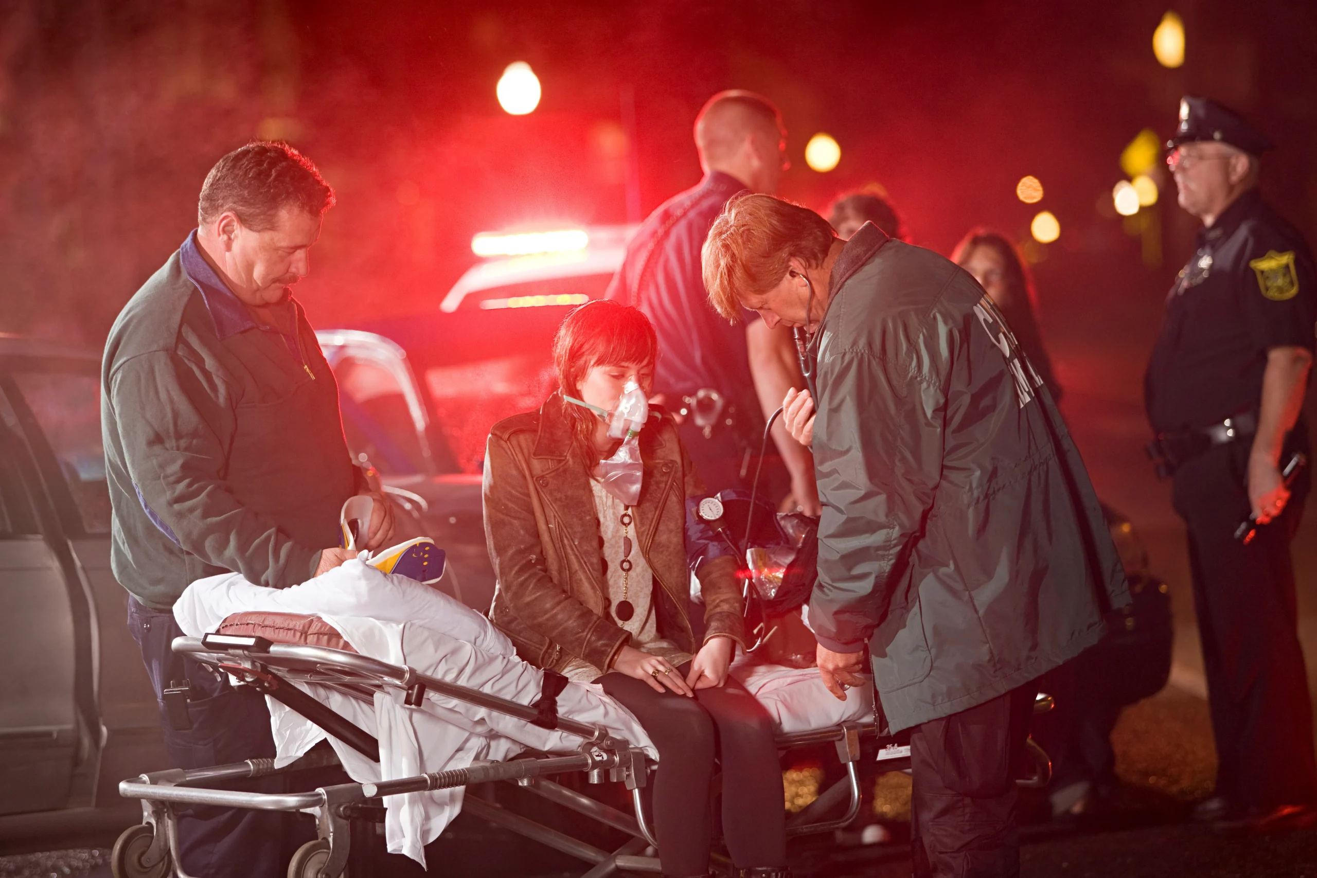 Woman on stretcher with oxygen mask surrounded by emergency responders and police lights after crash, representing a fatal car accident and potential vehicular manslaughter charges due to negligent or reckless driving